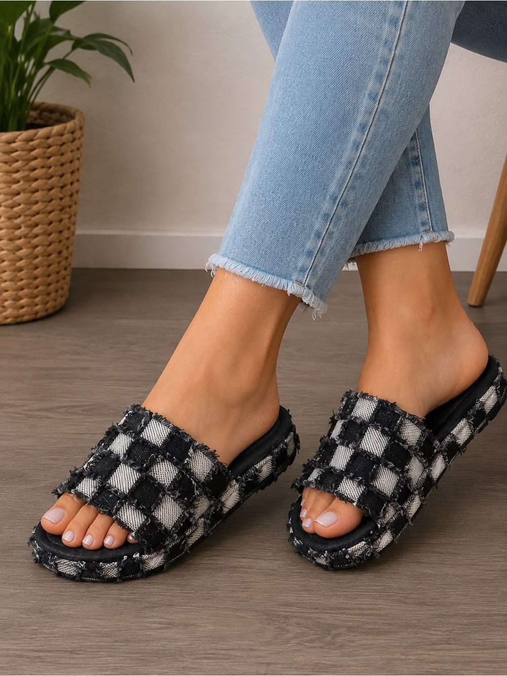 Black White Checkered Distressed Platform Slide Sandals Size 39 NWOT
